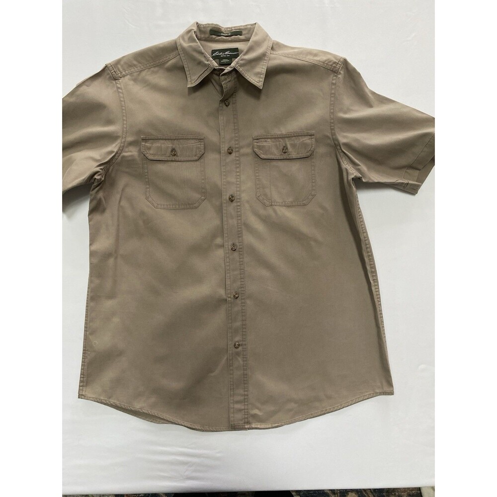 Eddie Bauer Men's Large Short Sleeve Button Down Shirt Classic Fit Khaki Cotton